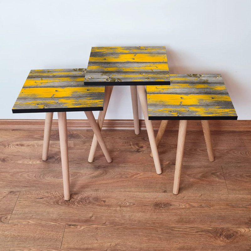 Ensemble de tables gigognes modernes (3 pièces), gris et jaune, 13,8 x 20,5 x 13,8 pouces | 100% panneau de fibres à densité moyenne avec pieds en bois de hêtre, épaisseur: 0,7 pouce | Design scandinave élégant pour le salon, polyvalent et fonctionnel
