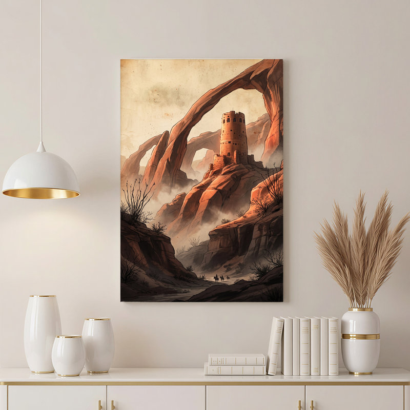 «Stone Tower and Giant Rock Arches in Misty Orange Canyon», art mural sur toile, 24"H x 18"W