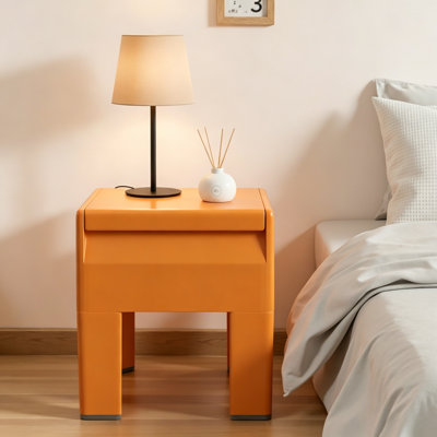 Tabouret de rangement en plastique multifonctionnel - table d'appoint et table de chevet robustes pour la chambre à coucher, dortoir, petit espace, assemblage sans outil en 3 minutes, supporte 220 lb, repose-pieds moderne facile à nettoyer (orange)
