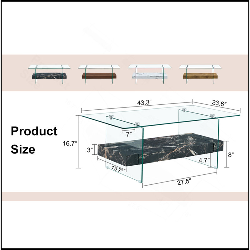 Table basse Kaiser avec plateau en verre et rangement double couche, Noir