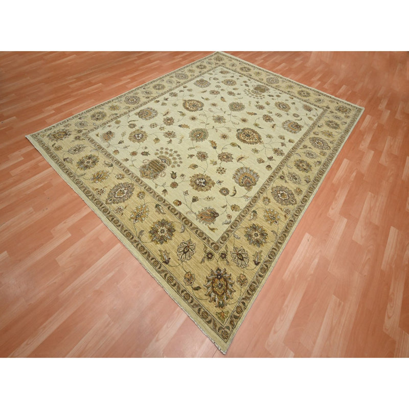 Tapis en lin blanc noué à la main 8 pi x 10 pi, motif Agra avec motif Ziegler, motif de feuilles sur l'ensemble, laine pure, velours zéro