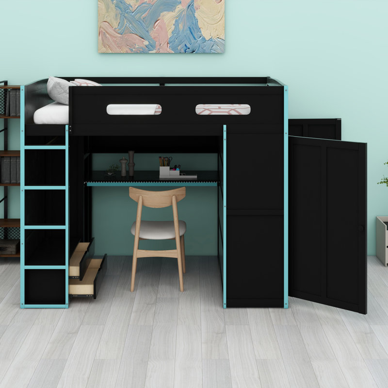 Wood Loft Bed With Desk,Wardrobe,Ample Storage Space,And RGB LED Light, Cloud Blue