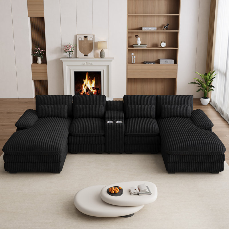 5 Piece U Shape Sectional Sofa Cloud Couch Double Chaise Sectional Couch with Console, Black Corduroy
