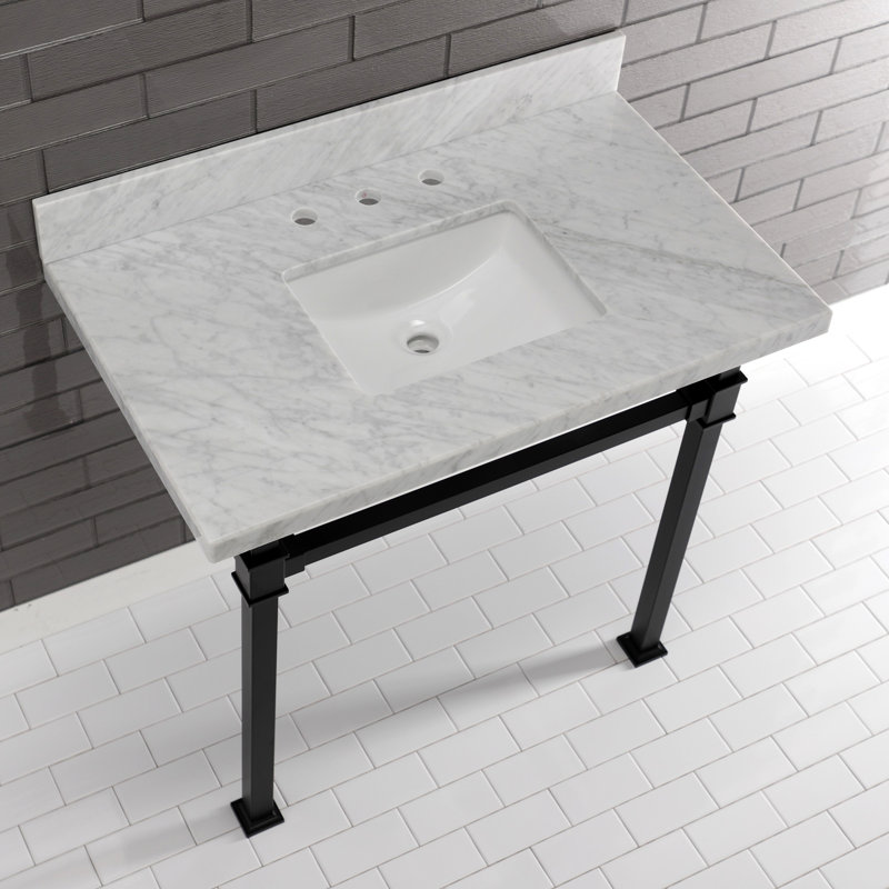 Kingston Brass Monarch 36-Inch Carrara Marble Console Sink with Stainless Steel Legs (8-Inch, 3-Hole)