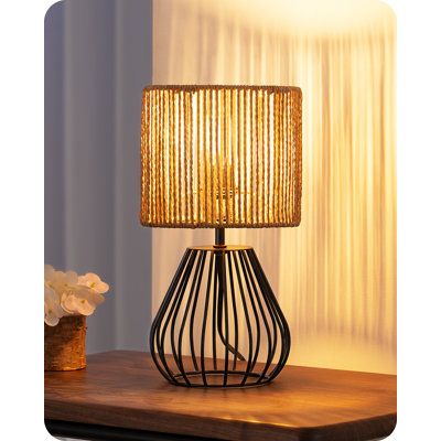 28.5cm Black Water Drop Iron Cage Base Table Lamp With Paper Rope Lampshade