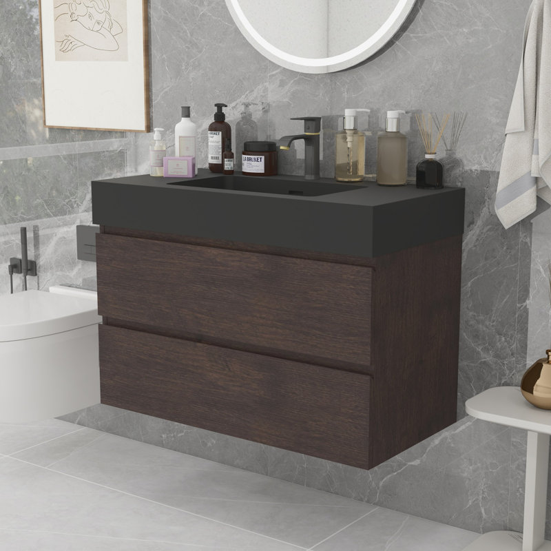 Grand meuble-lavabo mural avec rangement Modern, Noyer, Noir, noir, noir, noir