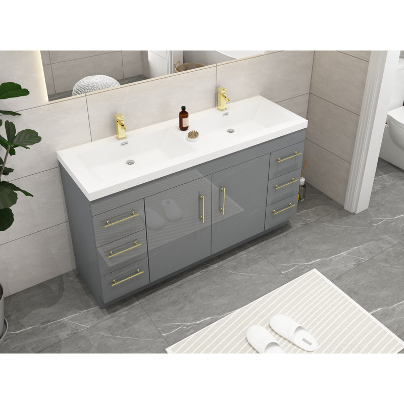 Ensemble de meuble-lavabo double 60 po Carliss, Gris lustré, Or
