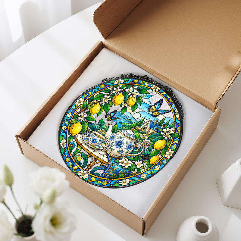 Théière florale bleue en vitrail avec branches de citron et art mural sur toile, H 7,8 po