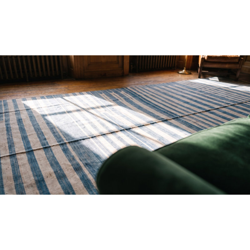 Antique Indian White and Blue Color Oversized Cotton Dhurrie Rug