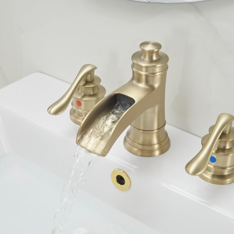 8 In. Widespread Double Handle Waterfall Bathroom Faucet With Pop-Up Drain Assembly In Spot Resist Brushed Gold