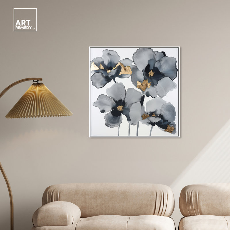 Art Remedy Drama Flora Gray and Gold Canvas Wall Art, 31" x 31"