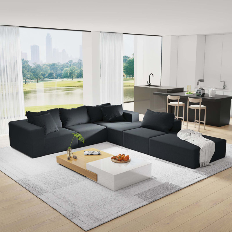 Ensemble de canapé modulaire modulaire en forme de L de 132 po avec 6 coussins, Chenille noir
