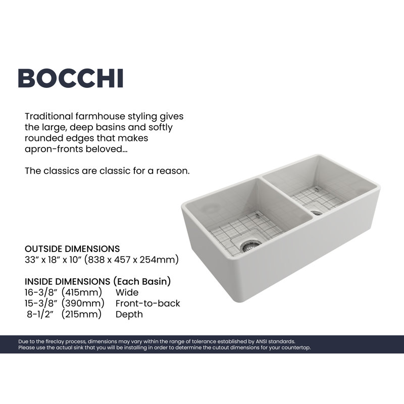 33'' L Double Bowl Fireclay Kitchen Sink, Glossy White