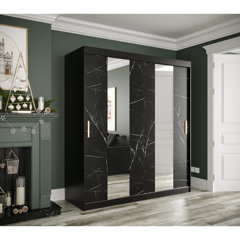 Maike 2 Door Manufactured Wood Wardrobe, Black Matt/Marble Finish, 200cm H x 180cm W x 62cm D