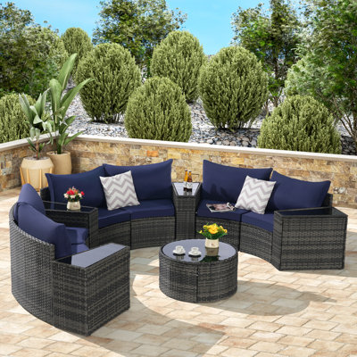 11 Mobilier de patio demi-lune - Table basse en verre trempé, coussins d'eau ronds avec,