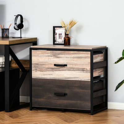 Armoire de bureau avec 2 tiroirs, barres de suspension réglables en métal pour papiers et structure en acier, brun / noir, classeur industriel, barres, thème