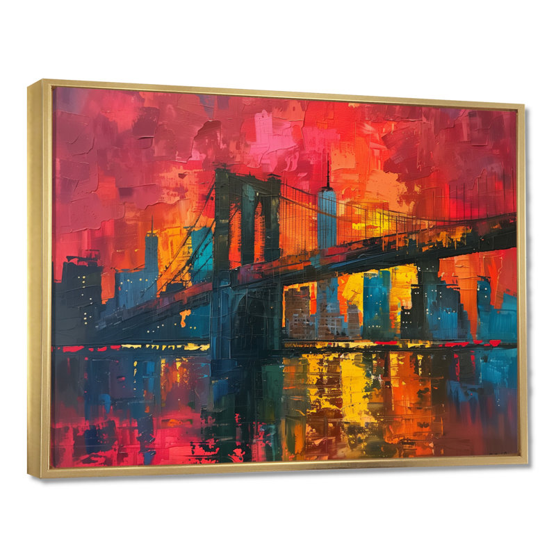 Pont rouge et bleu de Brooklyn, art mural, Cadre flottant doré, H 24 po x l 32 po