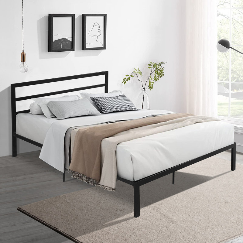 Queen Size Metal Bed Frame With Headboard, Black