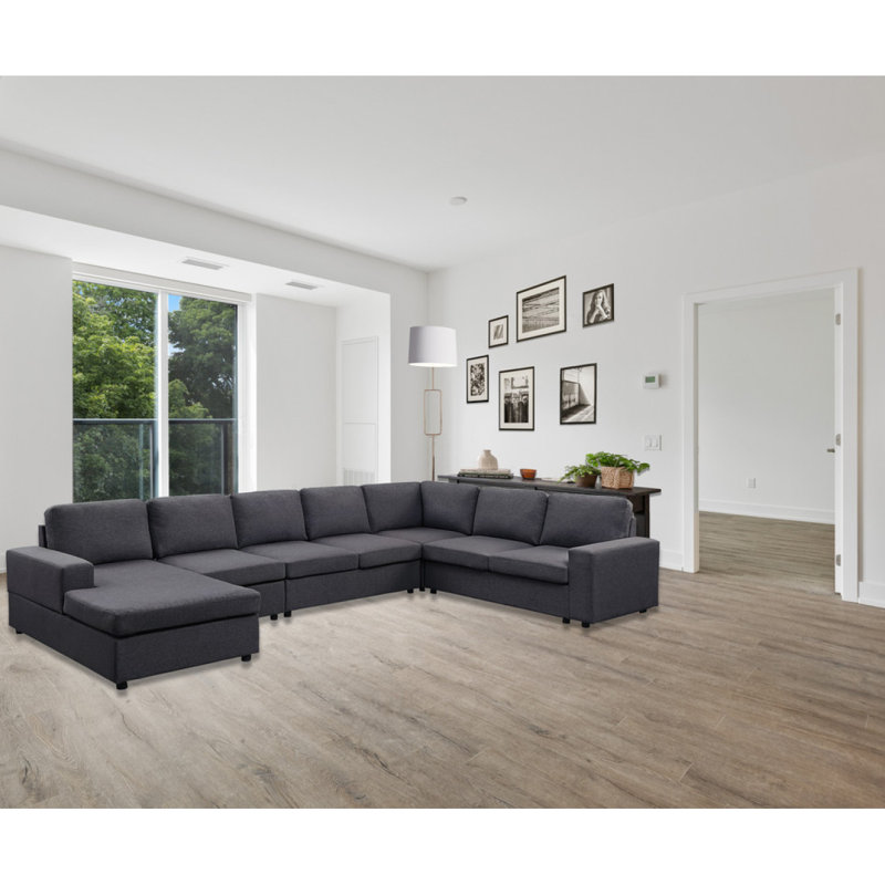 Canapé moderne modulaire avec méridienne réversible 146,5 po Hayden, H 33,05 po x l 146,55 po x P 94,05 po, Lin gris foncé