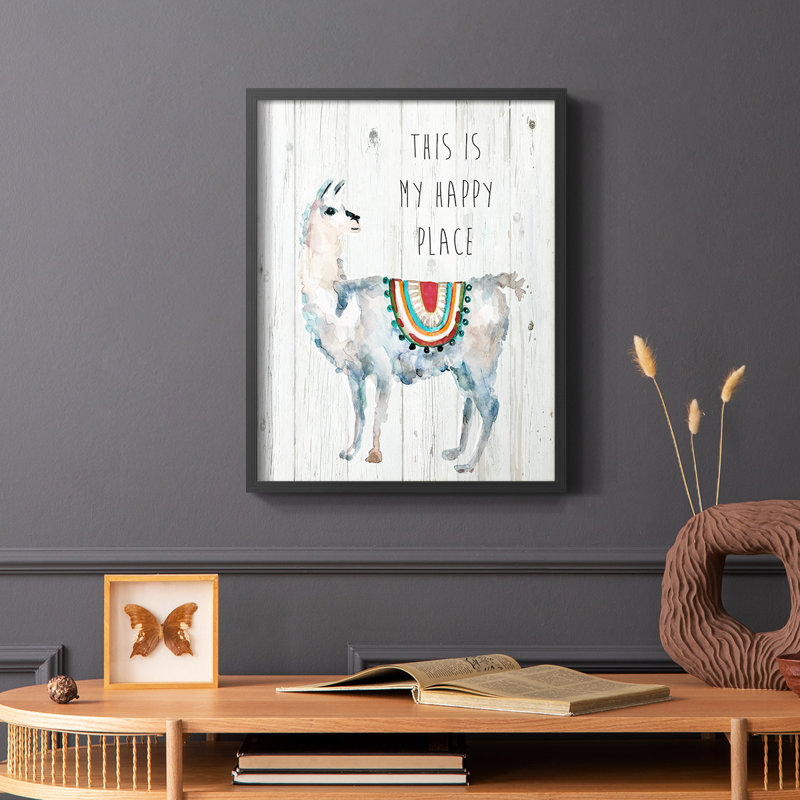 Llama Happy Place, reproduction encadrée - bois massif, H 20 po x l 16 po, Noir