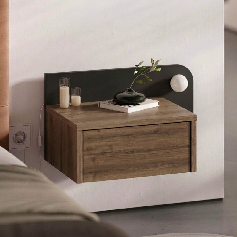 52 cm W Bedside Table, Dark Oak Effect/Black Wood
