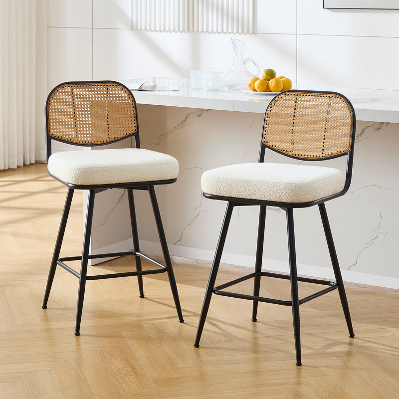 Upholstered Swivel Counter Stool With Rattan Backrest, Counter Stool (26” Seat Height), White