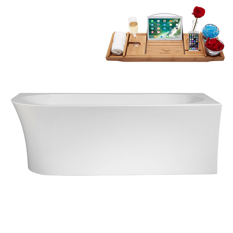67" Streamline Soaking Freestanding Tub and Tray With Internal Drain, Matte Black