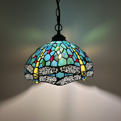 Kleist Tiffany Pendant Lighting Green Blue Stained Glass Dragonfly LED Bulb Included 12”W*12”D*60”H