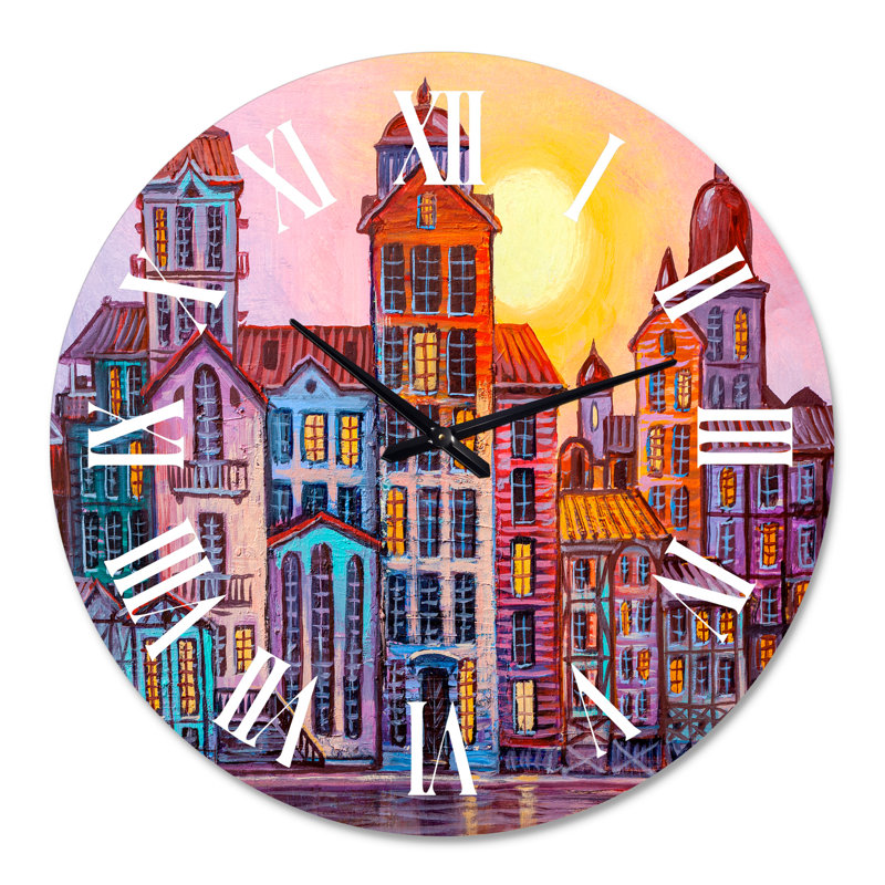 Scène de rue dans la vieille ville avec des bâtiments colorés - horloge murale moderne Mid-Century, Surdimensionné