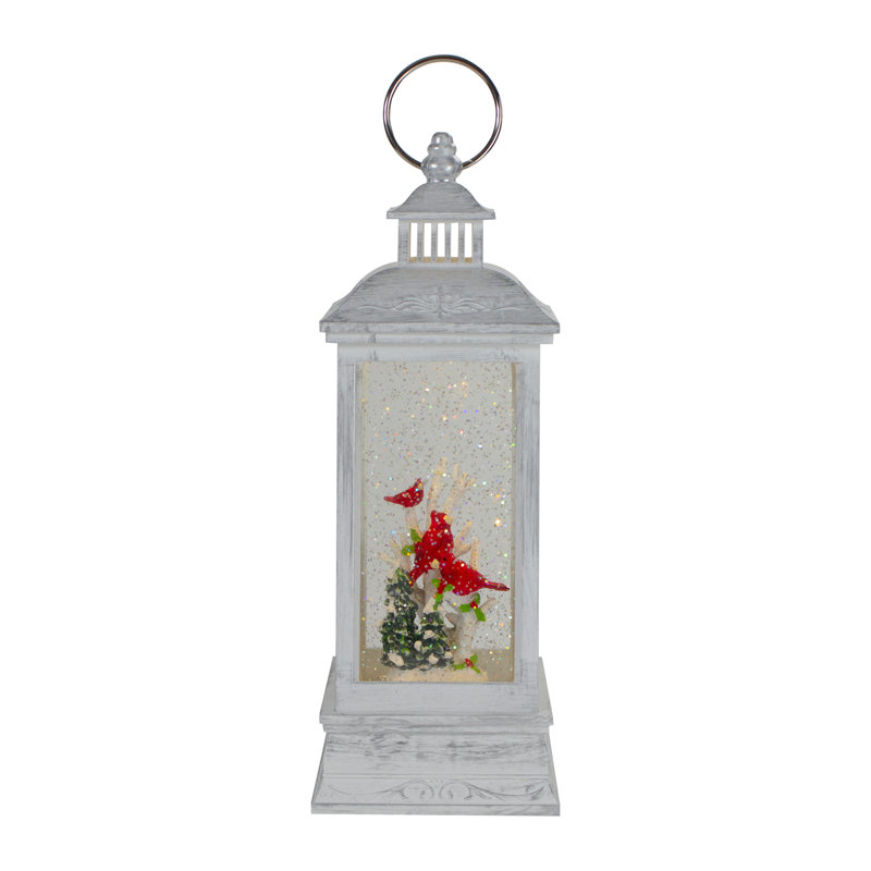 11" White And Brushed Silver Christmas Cardinals Snow Globe Lantern