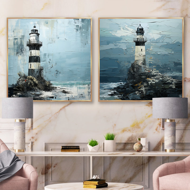 Mystérieux phare bleu et noir - ensemble de 2 collages carrés côtiers, Cadre flottant doré, H 16 po x l 33 po