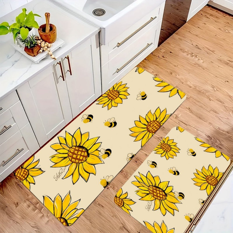 Tapis de cuisine beiges tournesol, ensemble de 2 pour un décor de cuisine lumineux