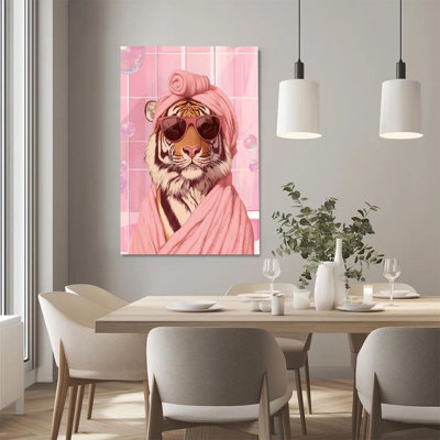 2D Flat, 1Pc Framed Canvas Wall Art, Tiger, Pink Bathrobe and Sunglasses, Pop Art Style Art Print Canvas Poster Painting Room Wall Decor, Ideal Gift F