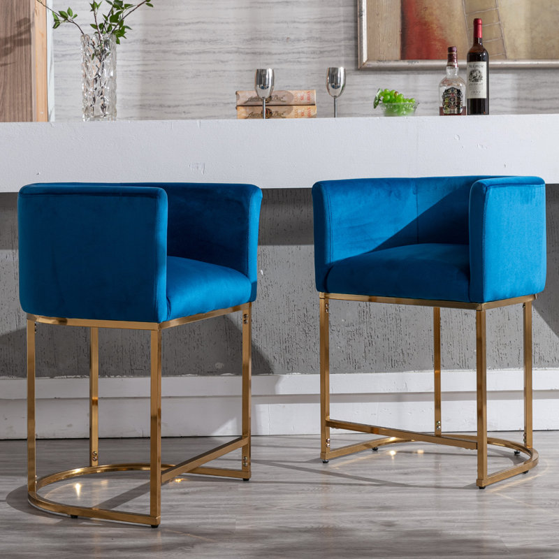Tabourets de bar Shalon, Velours bleu / cadre doré, Tabouret de bar (siège d'une hauteur de 24 po)