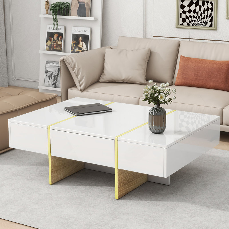 Modern Multi-Storage Rectangle Sofa Table with Golden Wood, White