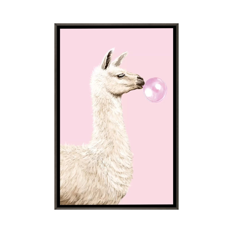 Art gomme à bulles ludique llama, H 40 po x l 26 po x P 1,5 po, Toile encadrée de bois rustique foncé