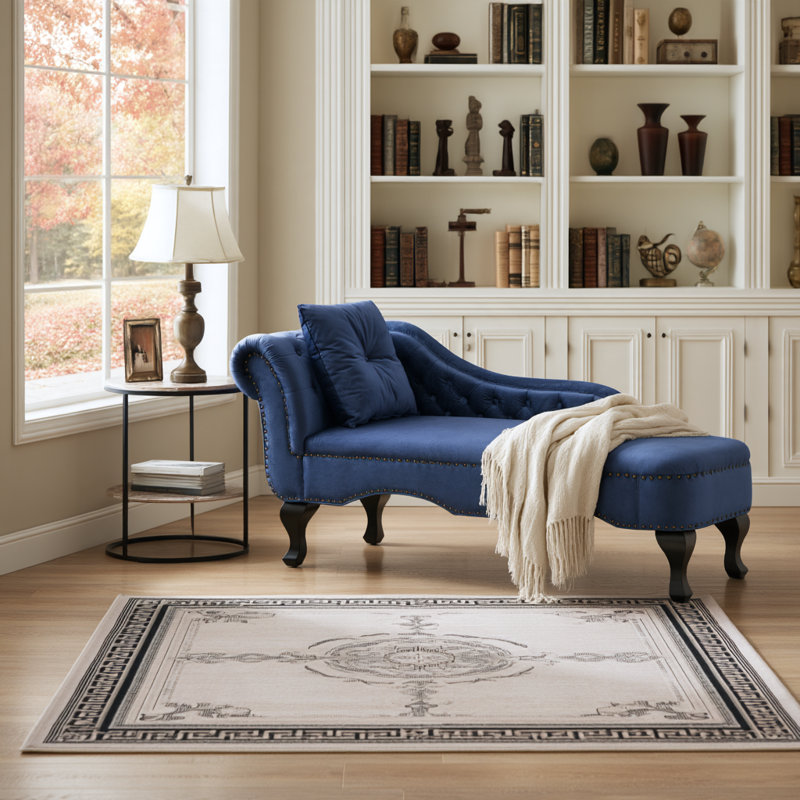 Chaise longue capitonnée en velours de 157 cm avec garniture cloutée et coussin décoratif, Left Backrest, Navy Blue
