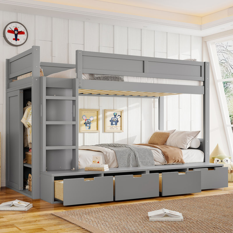 Anoka Solid Wood Bunk Bed with Built-in Wardrobe & 4 Drawers, Gray/Beige