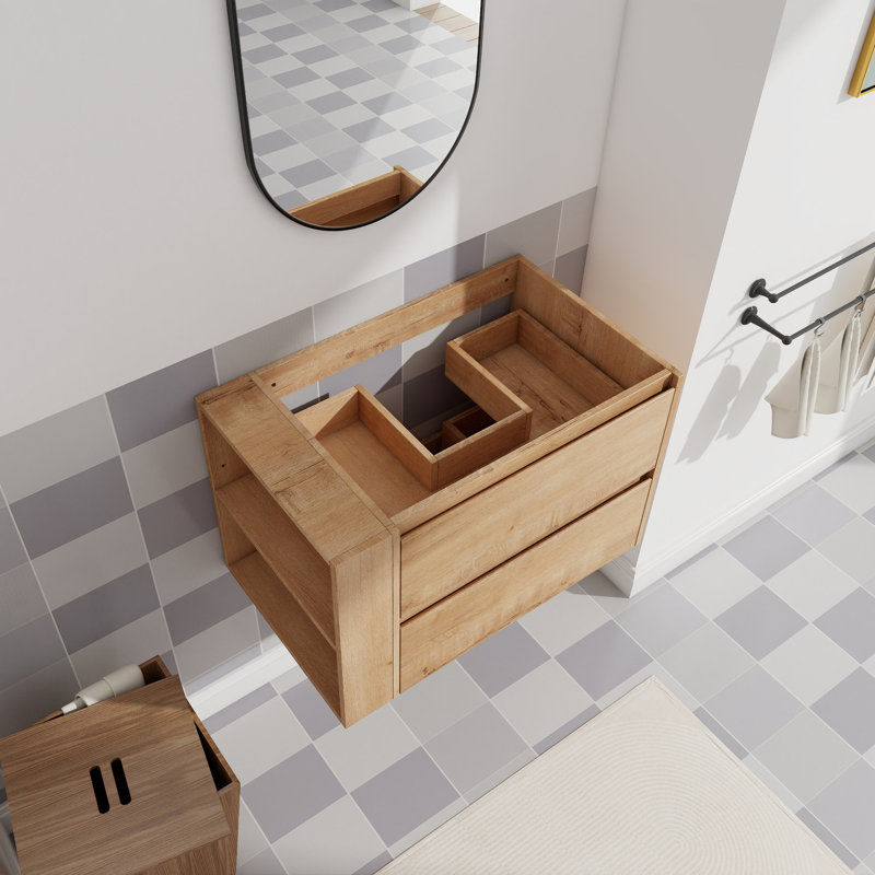 Meuble-lavabo mural 30 po, tiroir à fermeture en douceur, support imitation chêne imitation, design moderne, Natural, 30"