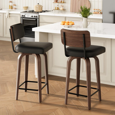 Set of 2 Swivel Bar Stools 26 Inch - Counter Height Bar Stools with Back, Faux Leather Upholstered Kitchen Stools with Walnut Wood Legs, Black