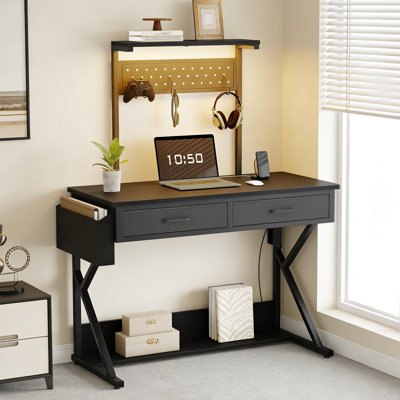 Table de bureau à roulettes 39,4 "pour bureau d'ordinateur de style industriel avec multiprise et lumières DEL