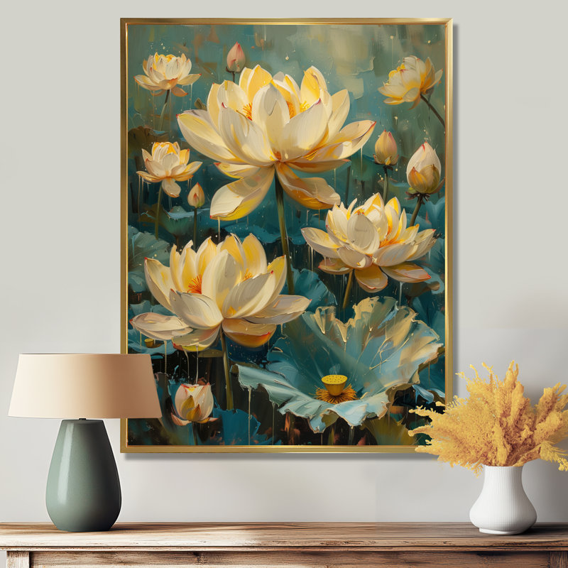 Décoration murale de jardins de lotus blanc et vert II, Cadre flottant doré, H 16 po x l 32 po
