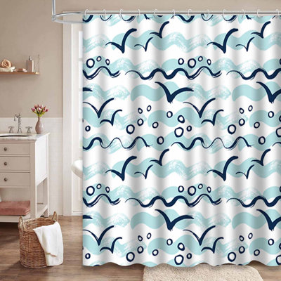Waterproof Sea Wave Anchor Art Seagull Beach Shower Curtain with 12 Hooks