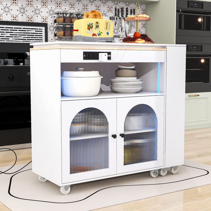 Chariot moderne pour îlot de cuisine avec station de charge intégrée, éclairage DEL et grand rangement, Blanc