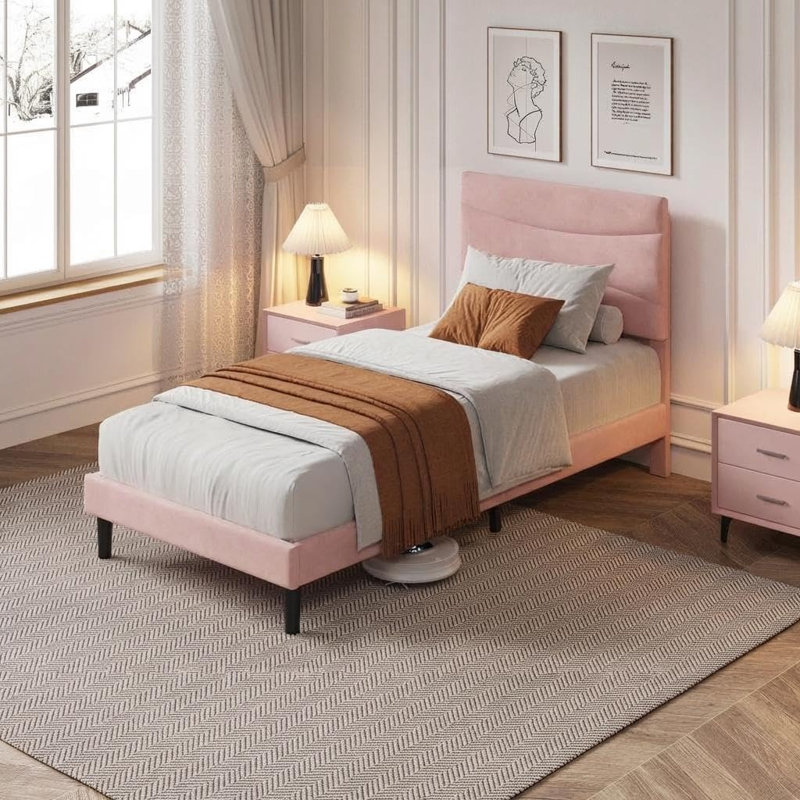 Base de lit simple tapissier simple avec tête de lit rembourrée, support de lattes en acier robuste, rangement sous le lit, silencieux, assemblage facile, sans sommier