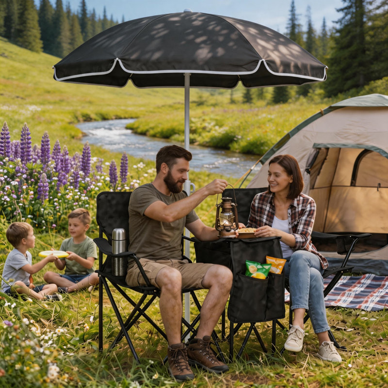 2-Person Folding Camping Chair with Umbrella, Portable Outdoor Picnic Set