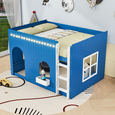 Charming House Loft Bed with Built-in LED Lighting and Underneath Play Space