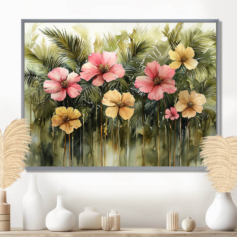Hibisuc Cliatt tropical dans une symphonie printanière II - Hibiscus, H 30 po x l 40 po, Impression encadrée flottante