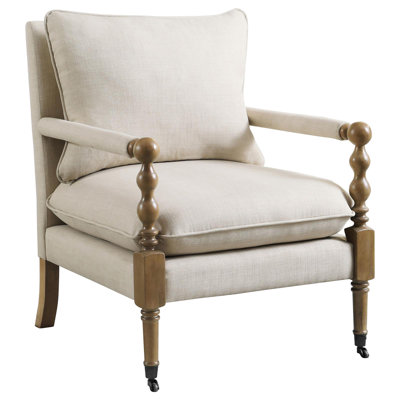 Classic Beige Accent Chair With Wood - Dark Oak Color, Soft Fabric Covering Graceful Armchair Finish &