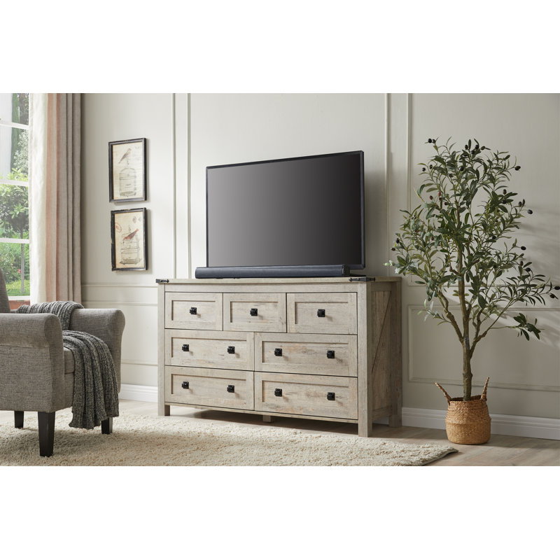 Addeline 54"W Farmhouse 7 - Drawers Dresser Organizer, Wood Rustic Wide Chest of Drawers, Light Gray
